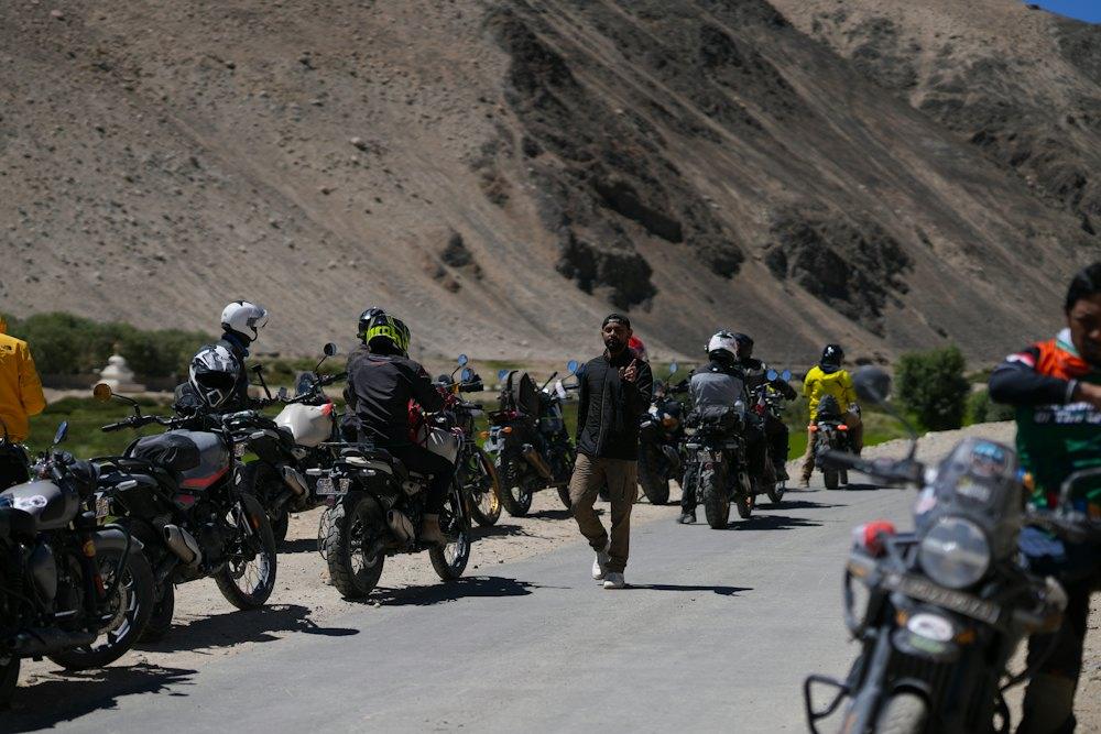 Riders gathered on a mountain road